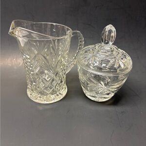 Vintage Anchor Hocking Star of David Clear Glass Pitcher and Sugar Bowl Set